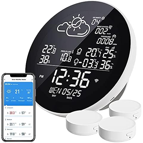 2021 WiFi Weather Station, Wireless Indoor Outdoor Digital Thermometer Hygrometer with 3 Outdoor Sensors, Weather Forecast Station with Backlight, Work with TUYA/Smart Life APP, for Greenhouse Cellar Cover