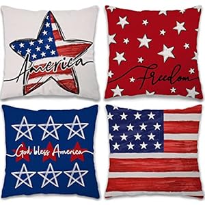 GEEORY 4th of July Decorations Pillow Covers 18×18 Set of 4 America Flag Stars and Stripes God Bless America Throw Pillow Covers Patriotic Pillows Memorial Day Decor Cushion Case