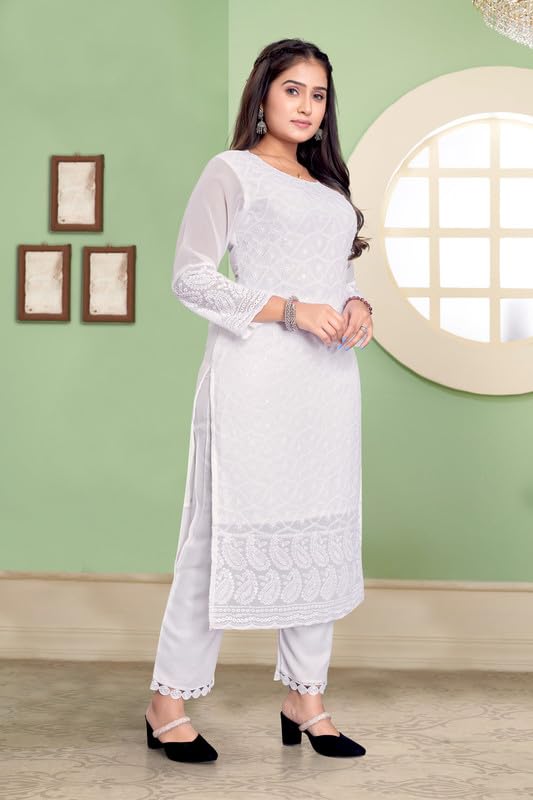 Image of IMPEX Hand Embroidered Chikankari Georgette Kurta for Women