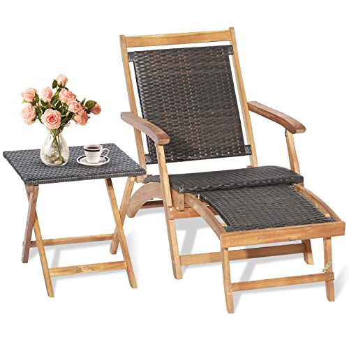 GIANTEX 2 in 1 Sonnenliege Rattan, Holz Liegestuhl Klappbar, Holzliegen Outdoor mit Beistelltisch, Adirondack Stuhl mit ausziehbarer Fußstütze, Gartenliege Rattenliege wetterfest bis 160 kg belastbar