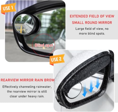 Image of 2 pcs Car Rearview Blind Spot Mirrors with Rain Guard, 2-in-1 Carbon Fiber Rain Eyebrow Reflective Protection Shield, 360 Adjustable HD Blindspot Mirror, Universal Car Exterior Accessories