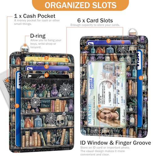 Goth Bookshelf Credit Card Holder RFID Wallet Women, Slim Wallet Front Pocket Small Card Holder, Funny Skull Gothic Case Organizer with ID Window PU Leather Witchy Gifts for Woman Girls