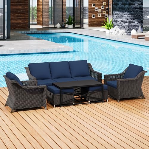 Image of 6 Pieces Outdoor Conversation Furniture Set - 77 inch Patio Sofa, 2 Armchairs, 2 Ottomans, 1 Metal Table, Patio Wicker Couch Set with Washable Cushions for Swimming Pool (Navy Blue) | Patio Chair Set with Olefin Removable Cushion, All-Weather Outdoor Couch with Deep Seat for Porch, Deck and Backyard, Blue