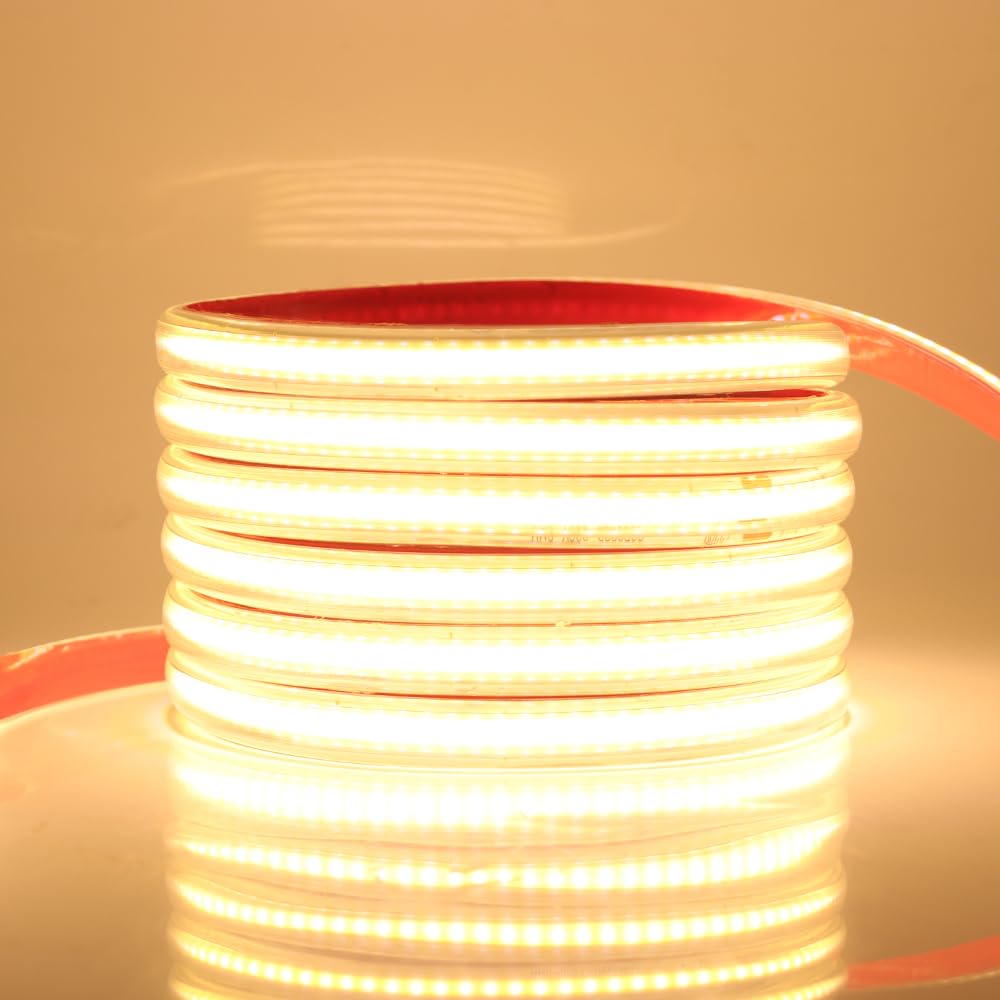 HEGEHE 220V COB Strip Light with Self-Adhsive Tape, Cut to 50cm, IP65 Waterproof LED Rope Light with Switch Power Supply (13m, Warm White)