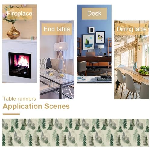 Image of Green Forest Tree Table Runner Watercolor Fantasy Magical Woodland Landscape Nature Botancial for Tabletop Party Holiday 13x90 inch