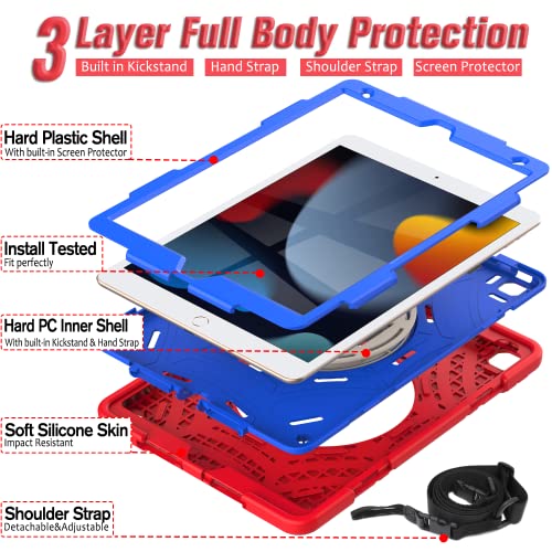 Avawo Ipad 9Th/8Th/7Th Generation Case, Ipad 10.2 Case (2021/2020/2019), [Built-In Screen Protector][Shoulder Strap][Swivel Kickstand] Shockproof Protective Kids Case For Ipad 10.2 Inch 9/8/7 Gen, Red #TOP2