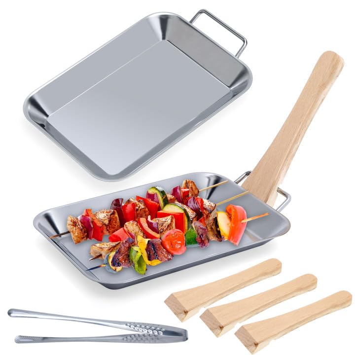 VOSSOT Grillschalen Set Edelstahl für Gasgrill – 2X Grillpfännchen mit 4 Holzgriffen & 1 Grillzange – Wiederverwendbare Grillpfanne für Gemüse Fisch Fleisch BBQ
