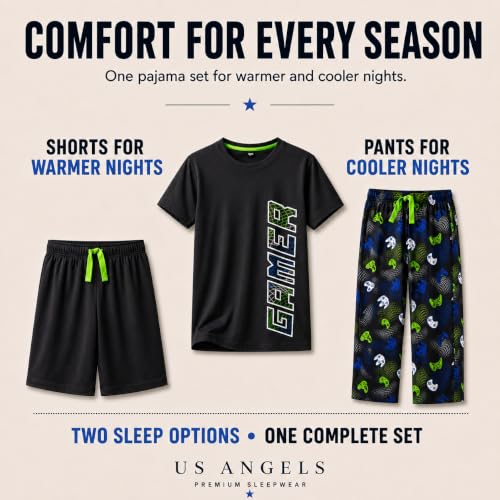 Image of US Angels Boys Pajamas Set | 3-Piece Pant, Shirt, Shorts Sleepwear Pjs for Kids | Loose Fit, Soft, Breathable Blue Plaid