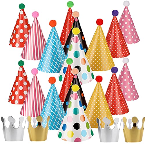 Ohaoduo Conjunto de 22 chapéus de festa de aniversário infantil, conjunto de chapéus de festa, chapéus de festa, aniversário, cones, chapéus de festa de aniversário, chapéus de festa e coroa