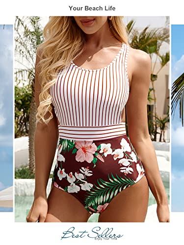 Molybell One Piece Swimsuits For Women High Waisted Bathing Suit Monokini Floral Print Cutout Racerback Zip Up Maroon Stripe -Small thumb #1