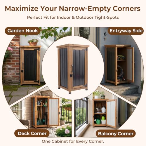 Image of PetsCosset Small Outdoor Storage Cabinet Waterproof with Metal Top, Wood & Metal Outside Potting Bench Table Tool Organizer with Adjustable Shelf for Patio Backyard Garden