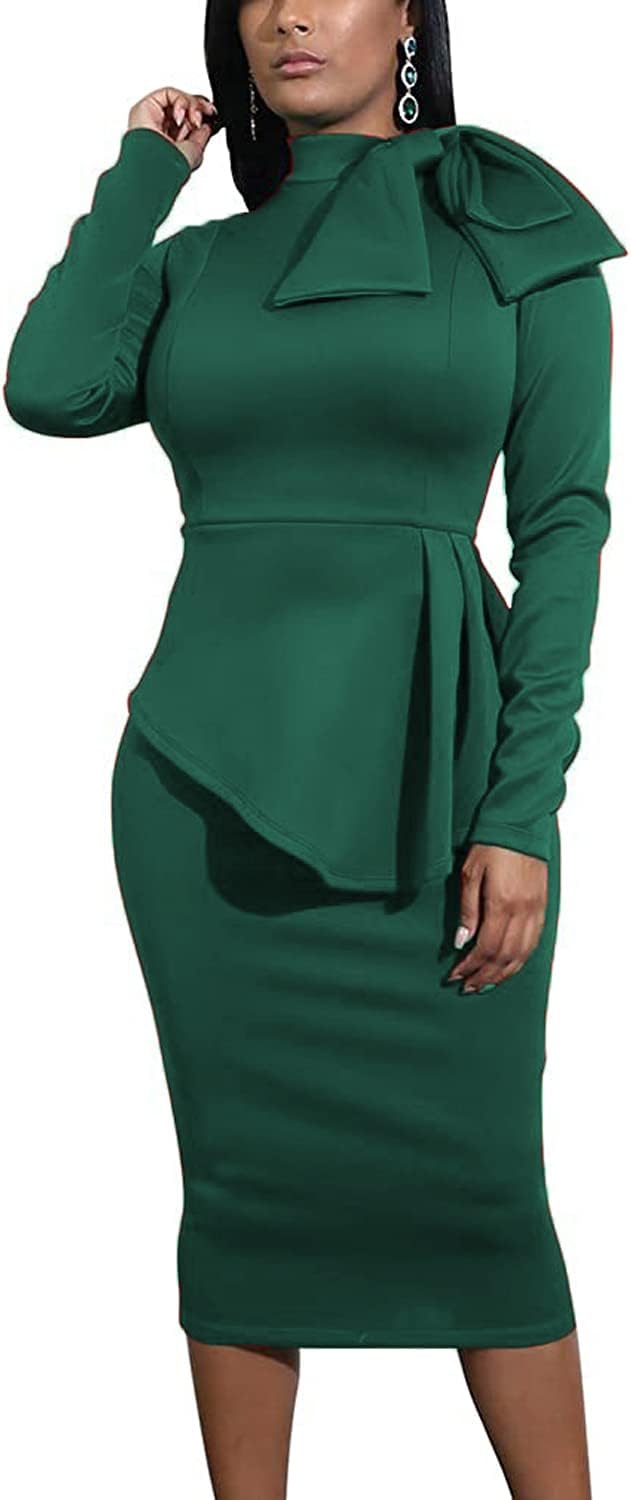 Women's Peplum Bodycon Long Sleeve Wear to Work Dresses Bow Party Club Ruffle Formal Cocktail Pencil Dress - Image 2