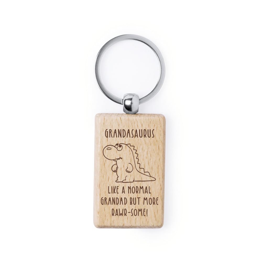 eBuyGB Grandasaurus Wooden Rectangle Keyring, Dinosaur Key Chain, Father's Day Gift, Grandad Birthday Gift, Present for Grandfather