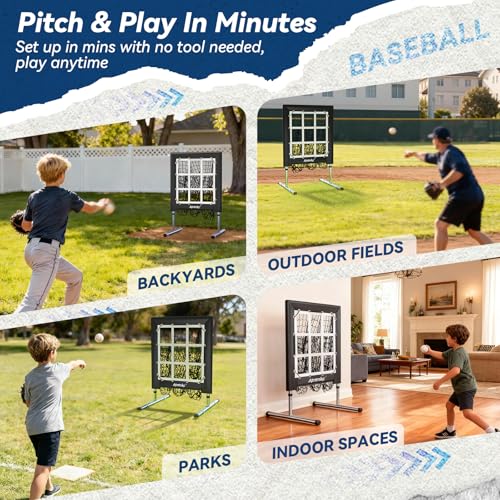 Image of 9 Hole Pitching Net with Strike Zone, Heavy-Duty Baseball & Softball Training Equipment for Pitching and Hitting, 5 Height Adjustable 9 Pocket Target, Portable Practice Equipment for All Ages