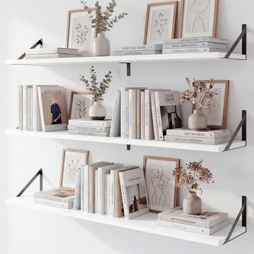 Fun Memories Extra Long Floating Wall Shelves, 48 x 8 Inches, Set of 3 Large Wood Floating Bookshelves with Metal Brackets for Storage & Display (White)