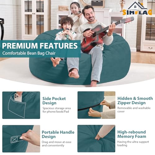 4FT Bean Bag Chair, Large Bean Bag Chairs with Memory Foam Filled, Fluffy Beanbag Sofa with Dutch Velvet Cover, Round BeanBag Chairs for Living Room, Playroom - Sea Blue