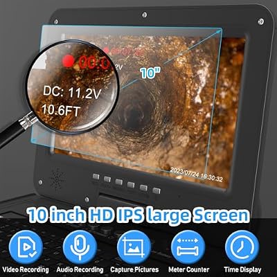 Sanyipace Self-Leveling Sewer Camera 165FT/50M, Drain Inspection Camera with 512Hz Transmitter, Real-Time Distance Counter, 10 IPS Screen Microphone Speaker, 0.27in Rigid Cable, 32GB TF Card Included