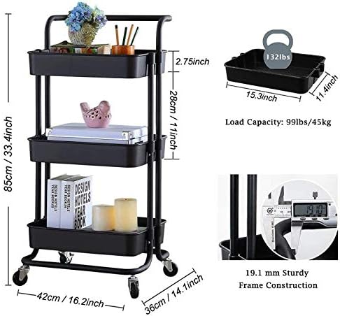 3-Tier Rolling Utility Storage Cart, Multi-Purpose Organizer Shelf, Tower Rack Serving Trolley Organizer with Handle, Storage Cart with 2 Lockable Wheels for Office Bathroom Kitchen Kids’ Room