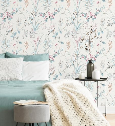 GAULAN 680952 - Papel pintado vinílico ecológico de ramas flores y pájaros para pared salón cocina baño dormitorio pasillo - Rollo de 10 m x 0,53 m