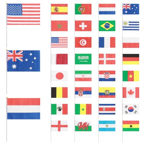 Garneck International World Stick Flag: 32PCS Hand Held Small National Flag Mini National Pennant Flags Banners On Stick Banners for Football Party Bar Street Decorations