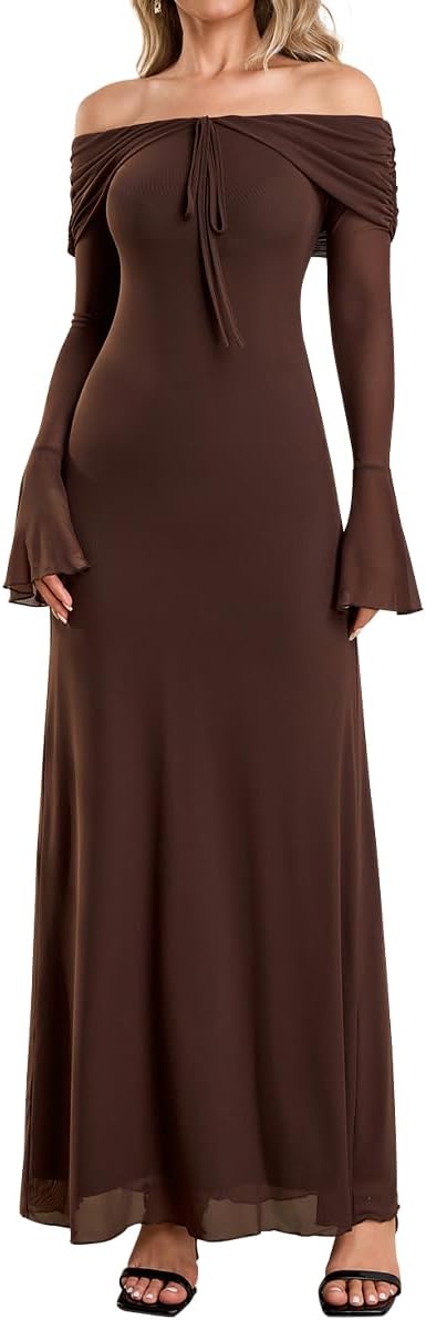 VKIHOC Off Shoulder Long Sleeve Maxi Dress Bodycon Tie Party Formal Wedding Guest Dresses for Women 2026