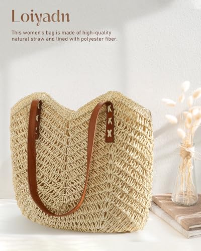 Image of Beach Bags for Women - Straw Bag with Zipper, Soft Woven beach bag, Casual Straw Shoulder Bag for Daily Use