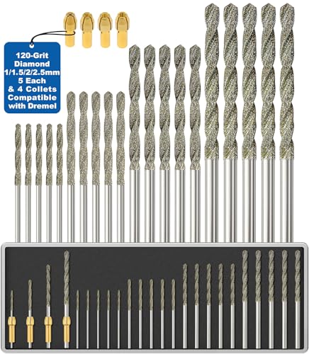 Sworker Diamond Drill Bits 1mm 1.5mm 2mm 2.5mm 5 Each 120-Grit 20Pcs with 4 Collets Compatible with Dremel Rotary Tool for Sea Glass Stone Shells Jewelry Making Porcelain Ceramic Gems