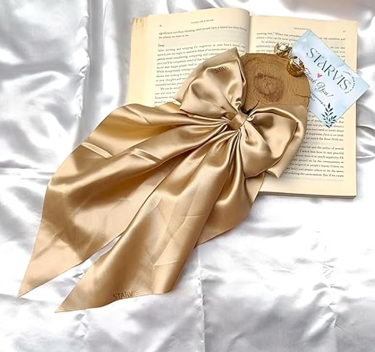 Image of FilterFashion Big Satin Layered Hair Bows for Women Girls 11.5 Inch Barrette Hair Clip Long Back Ribbon Bows French Style Hair Accessories (Gold-1Pcs)