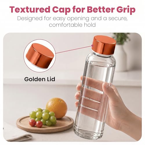 Image of Rioware Glass Water Bottle 1 Litre | Airtight lid | Leak Proof | Silicon Cap | Fridge Water Bottles for Home, Office & Gym (1 Ltr- Pack Of 2, Gold)