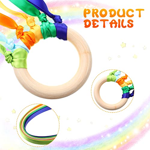 Image of Junkin Ribbon Rings Hand Kite Waldorf Toys Dancing Wrist Ribbons Rainbow Streamers with Wood Ring Educational Toy for Playroom Dancing Birthday Party Gift(Rainbow,48 Pcs)