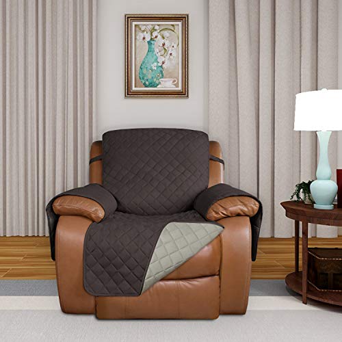 Image of PureFit Reversible Quilted Oversized Recliner Sofa Cover, Water Resistant Furniture Protector, Washable Couch Cover with Elastic Straps for Kids, Dogs, Pets (Large, Chocolate /Beige)