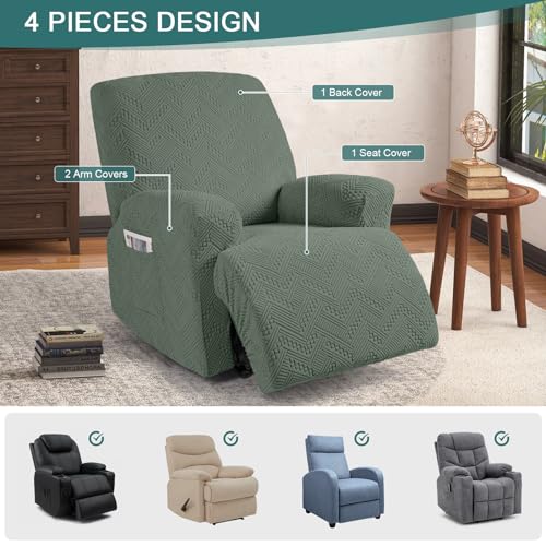 Image of Ruaozz Recliner Sofa Covers Oversized Recliner Chair Covers Recliner Covers for Reclining Chair with Pockets Washable Furniture Protector with Elastic Bottom (1 Seater-X Large, Sage Green)