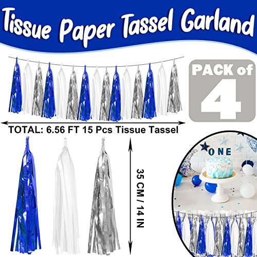Image of 4P Navy-Blue White-Silver Foil Fringe Metallic Tassel Garland Banner, Tassels Banner Streamers for Parade Floats, Bachelorette, Wedding, Birthday, Halloween, Bridal /Baby Shower Party Decorations