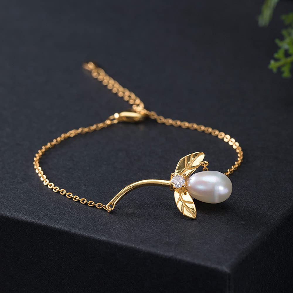 Girls Accessories Bracciale in Argento Sterling 925 Vintage per Donna Semplice Perla d'Acqua Dolce Foglia Dorata Gioielli Classici Fascino Spiaggia Estiva Birthday Gift