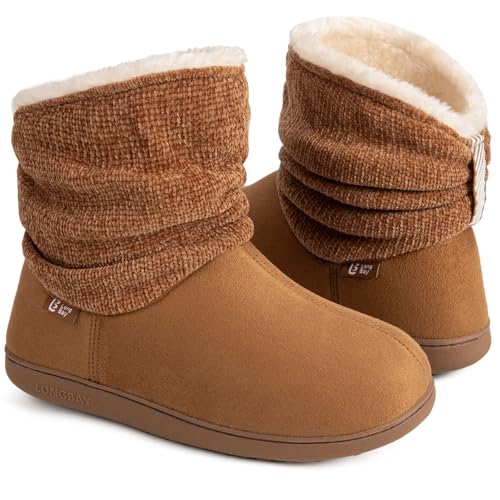 LongBay Women's Warm Chenille Knit Bootie Slippers Memory Foam Comfy Suede Fluffy Faux Fur Boots House Shoes (Large / 9-10, Camel)