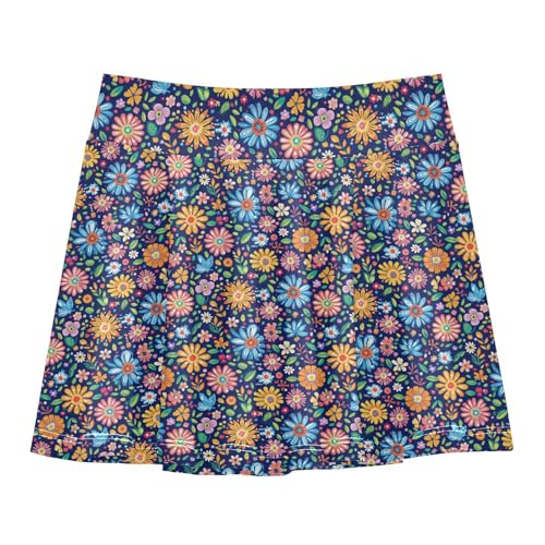Navy Blue Flowers Girls Athletic Skirts with Built in Shorts Cheerleading Skirts with Pockets Flowy Skorts for Little Girl