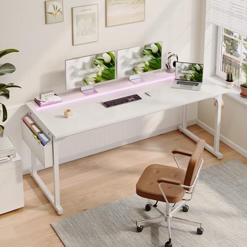 Image of DurayLoly 63 inch Office Desk with LED Lights,Computer White Desk with Storage Bag&Headphone Hook,Spacious Under-Desktop for Study Writing Work Gaming Desk,Sturdy Metal Frame,Bedroom,Rustic Brown