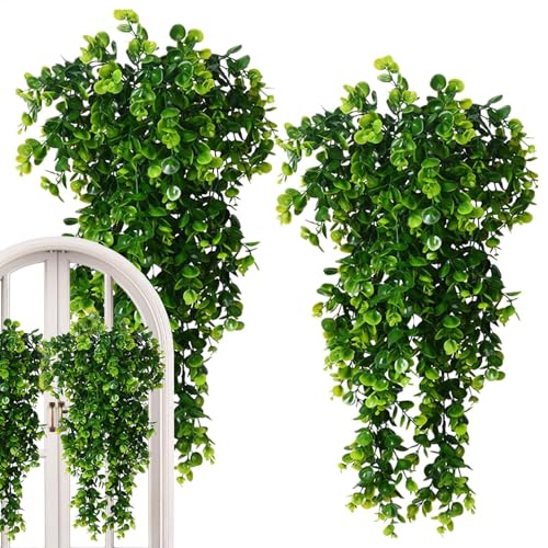 Planta colgante artificial – Planta colgante de eucalipto de ratán de hoja redonda | Paquete de 2 plantas artificiales colgantes realistas | Eucalipto colgante en maceta falsa para el hogar y el