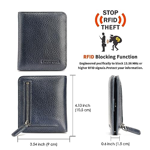 mens zipper leather rfid blocking wallet Portable mini wallet with multiple card slots for banknotes (Bluish grey)2