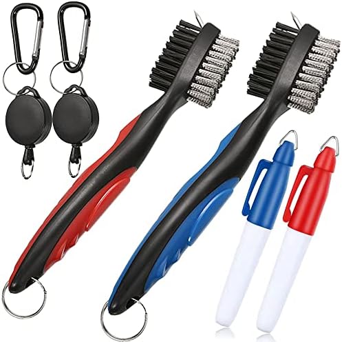 Borogo 2PCS Golf Club Brush Groove Cleaner with 2 Ft Retractable Zip-line and Aluminum Carabiner Cleaning Tools