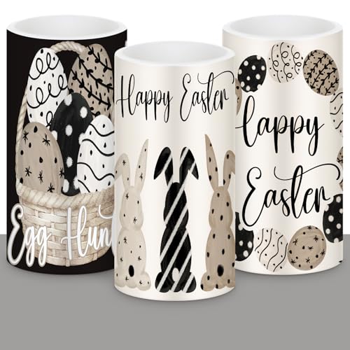 Image of Retisee 3 Pcs Black Brown Easter Flameless LED Candles Battery Operated Bunny Spring Flickering Pillar Candles with Remote Rabbit Easter Centerpiece for Bedroom Living Room Dinner Table Decoration