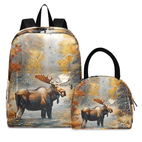 Moose Paint Print Backpack Set with Lunch Bag, Large Capacity Travel Backpacks and Lunch Box Insulated for Commute Hiking Picnic