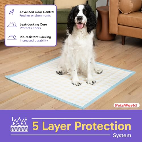 Image of PETSWORLD Giant Dog Potty Pads, Odor-Eliminating, 36 inch x 36 inch, Ultra Absorbent 5-Layer Leak-Proof Training Pads for Dogs & Cats (36x36 Health Indicating, 100 Count)
