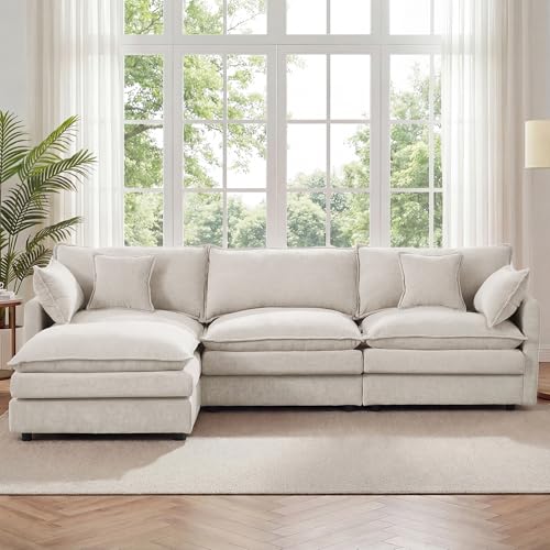 Image of 110.5 inch L Shaped Modular Sectional Sofa, Comfy Upholstery Chenille Cloud Couch with Ottoman, Modern 4-Seat Deep Seat Sofa with Pillow for Living Room, Apartment, Beige White