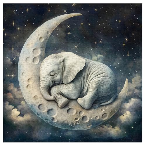 Elephant Moon Puzzles for Adults 1000 Piezas, Rompecabezas Vintage de Elefantes Durmiendo, Rompecabezas Desafiante de Animales del Espacio Fantástico miniatura 2