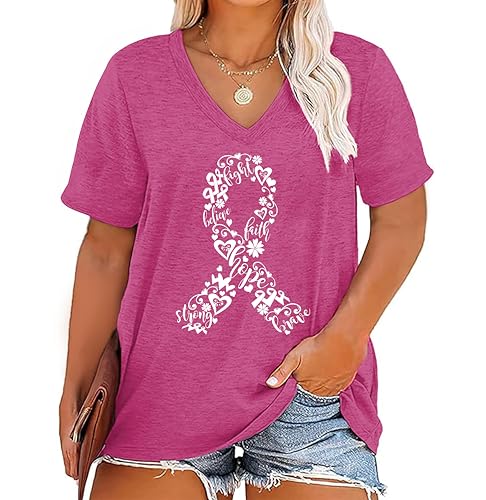 Plus Size Breast Cancer Shirts for Women Breast Cancer Awareness T-Shirts Pink Ribbons V Neck Tee Tops