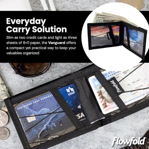 Image of Flowfold Vanguard Recycled Sailcloth Bifold Wallet | Slim and Durable with Cash pocket, Two Hidden Card Pockets and Two ID Windows | Holds 10-12 Cards | Minimalist Wallet Made in USA | Blue Sailcloth