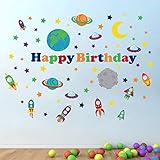decalmile Outer Space Wall Decals Planets Rocket Spaceship Stars Wall Stickers Space Theme Birthday Party Decoration Baby Nursery Kids Room Wall Decor (Happy Birthday)