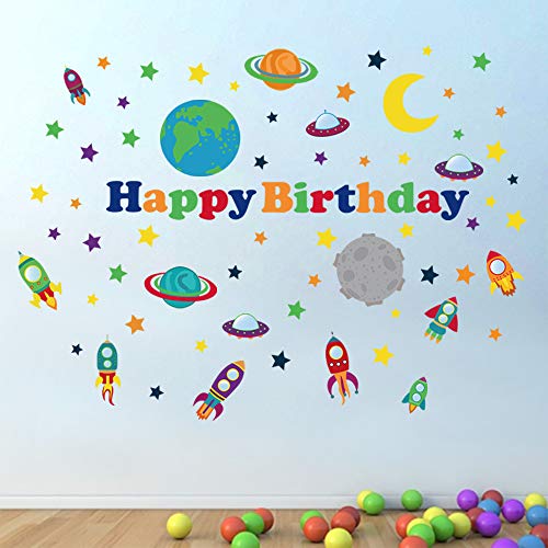 decalmile Outer Space Wall Decals Planets Rocket Spaceship Stars Wall Stickers Space Theme Birthday Party Decoration Baby Nursery Kids Room Wall Decor (Happy Birthday)