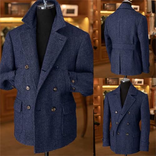 Men's Vintage Herringbone Tweed Blazer British Wool Blend Double Breasted Lightweight Casual Sport Coat Formal Jacket2